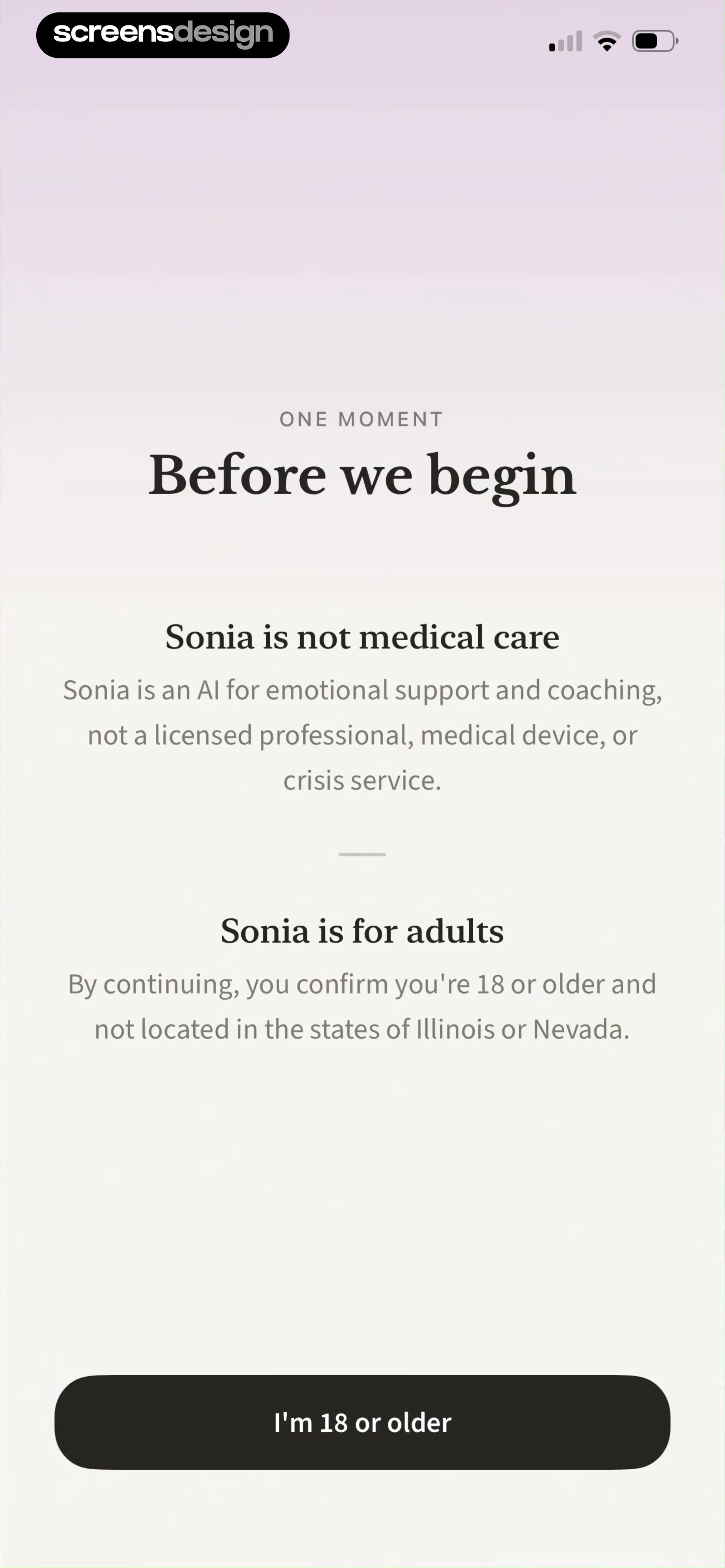 Sonia: AI for Mental Health screen 1