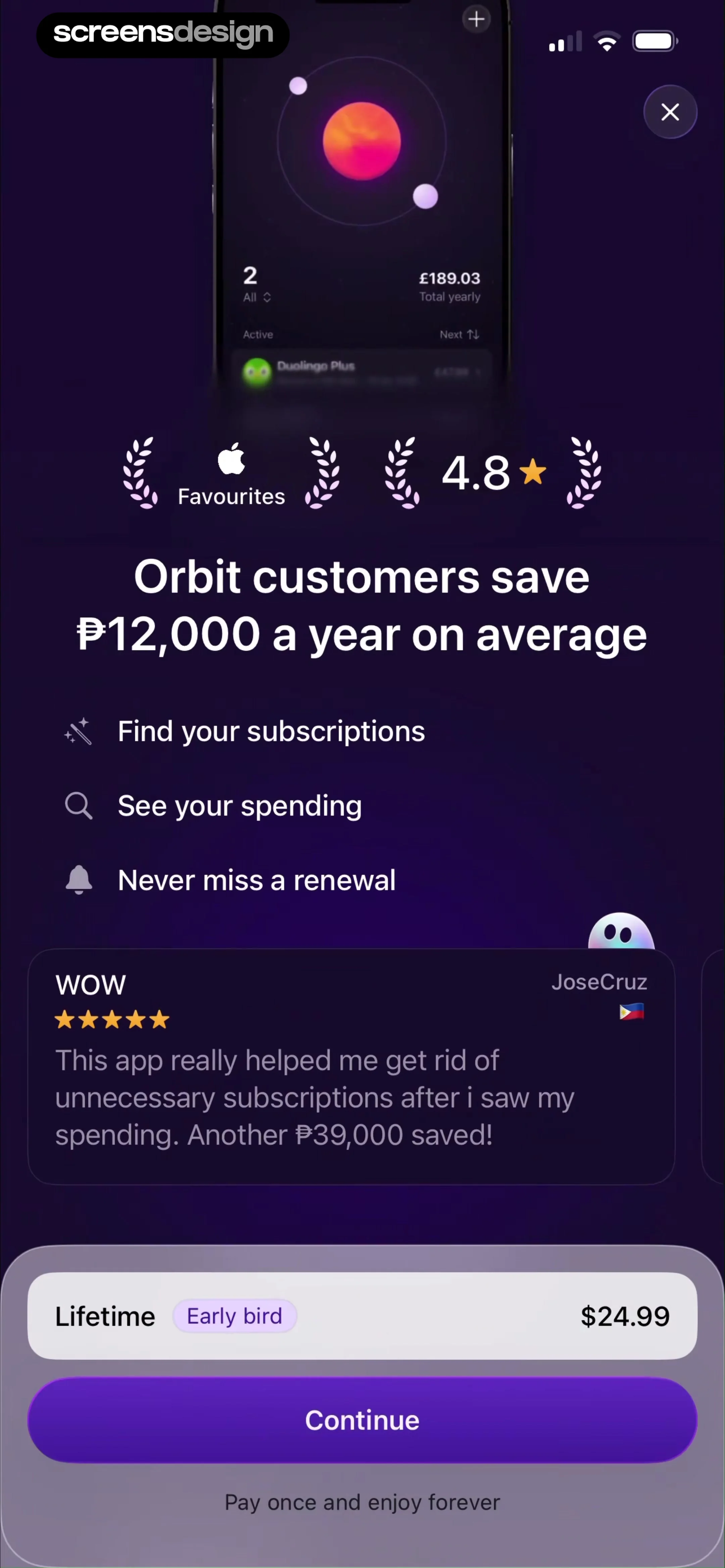 Subscription Manager: Orbit screen 5