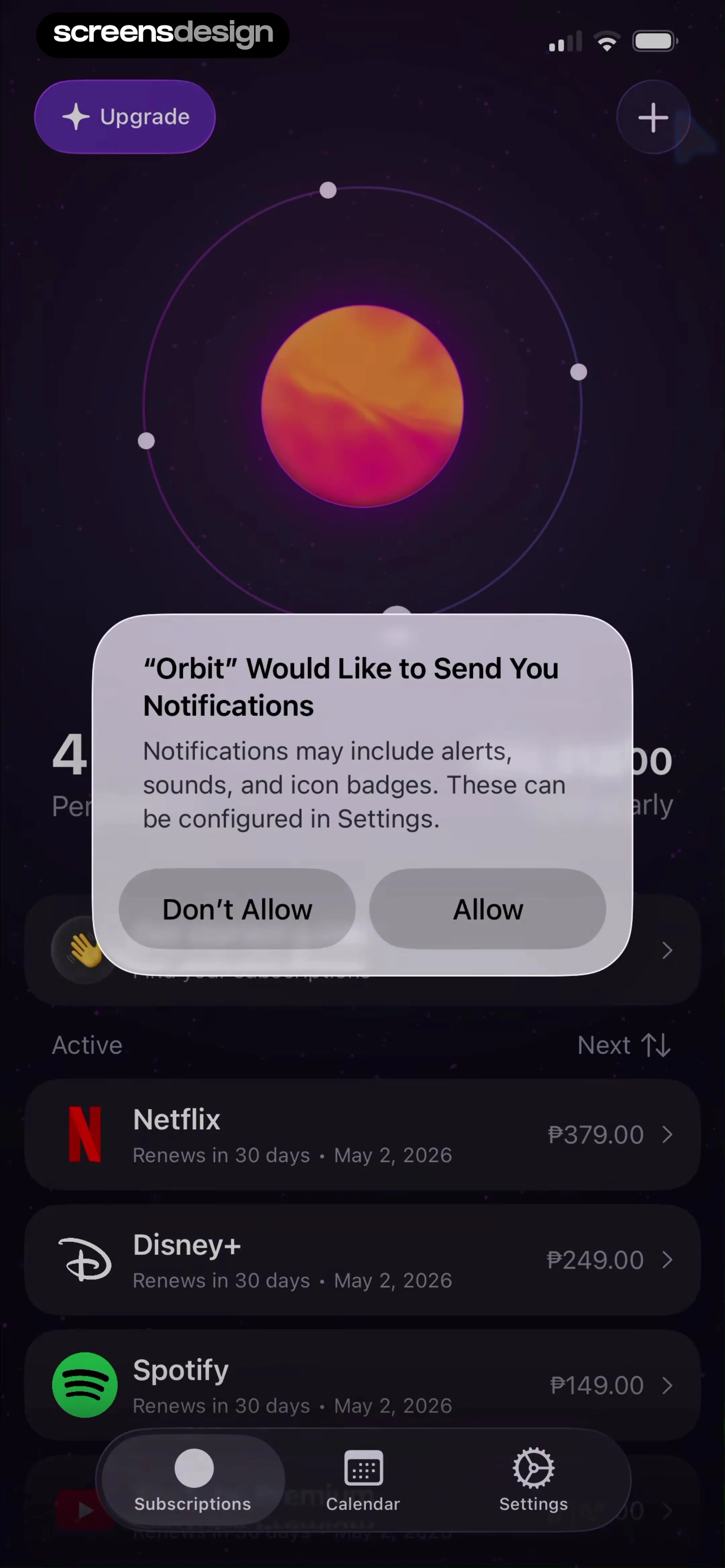 Subscription Manager: Orbit screen 8