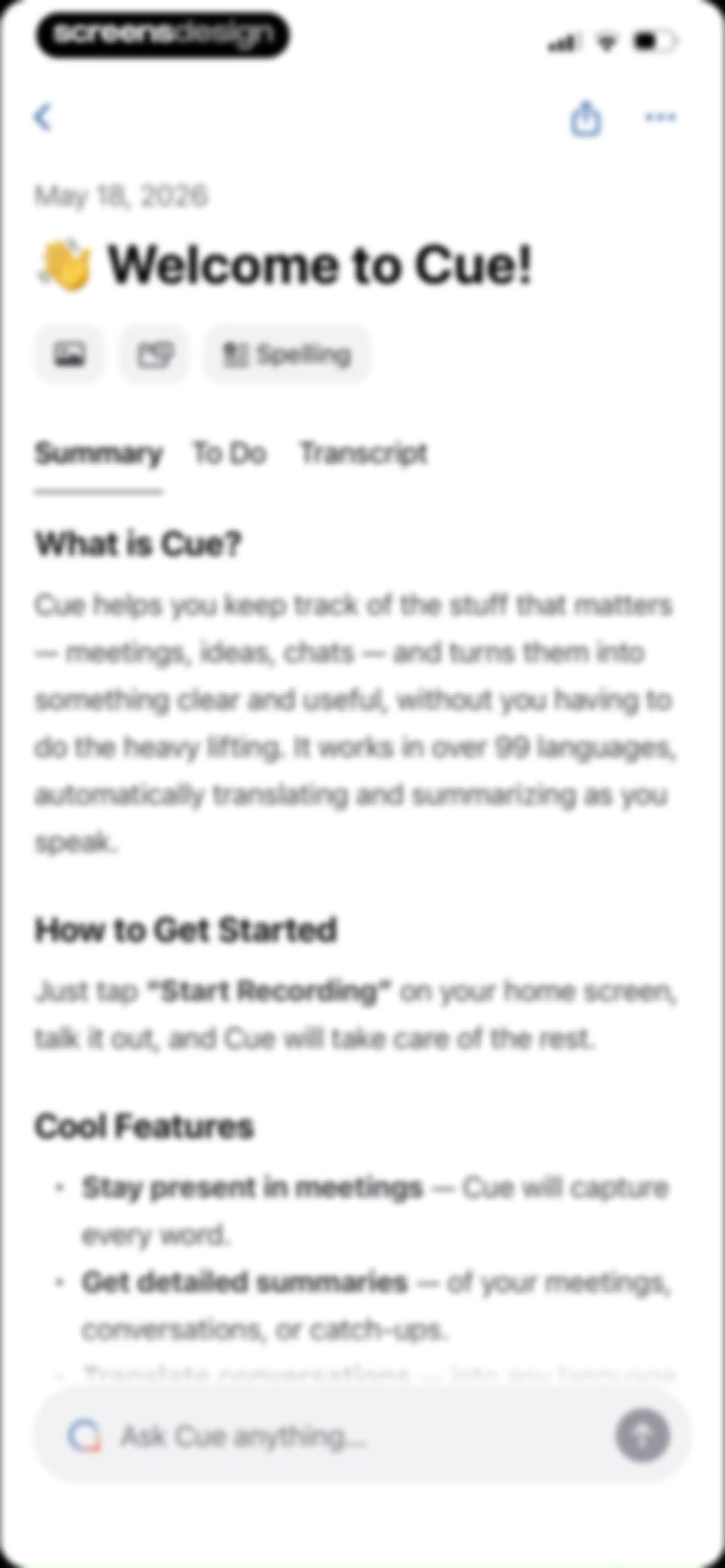 Cue: AI Note Taker & Recorder screen 79