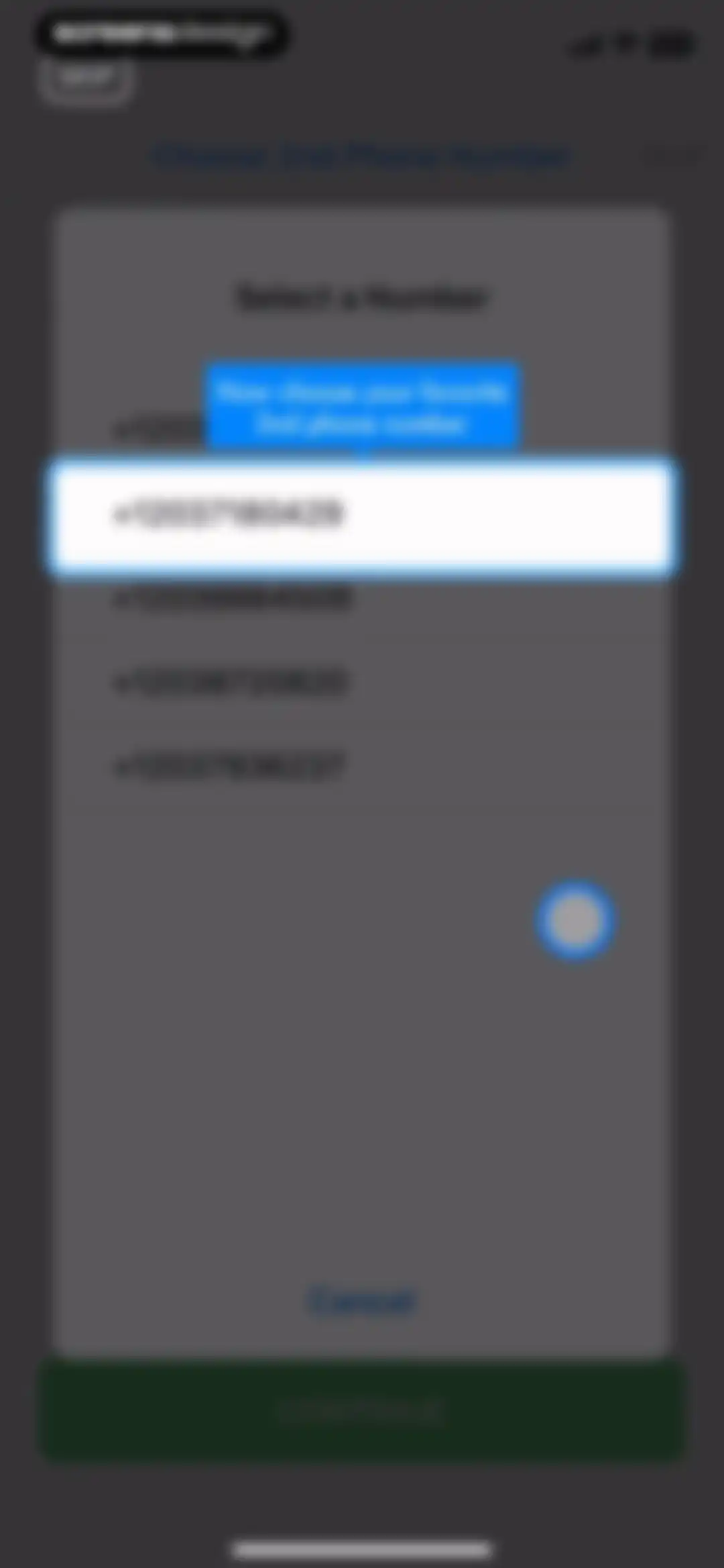 Second Phone Number' screen 8