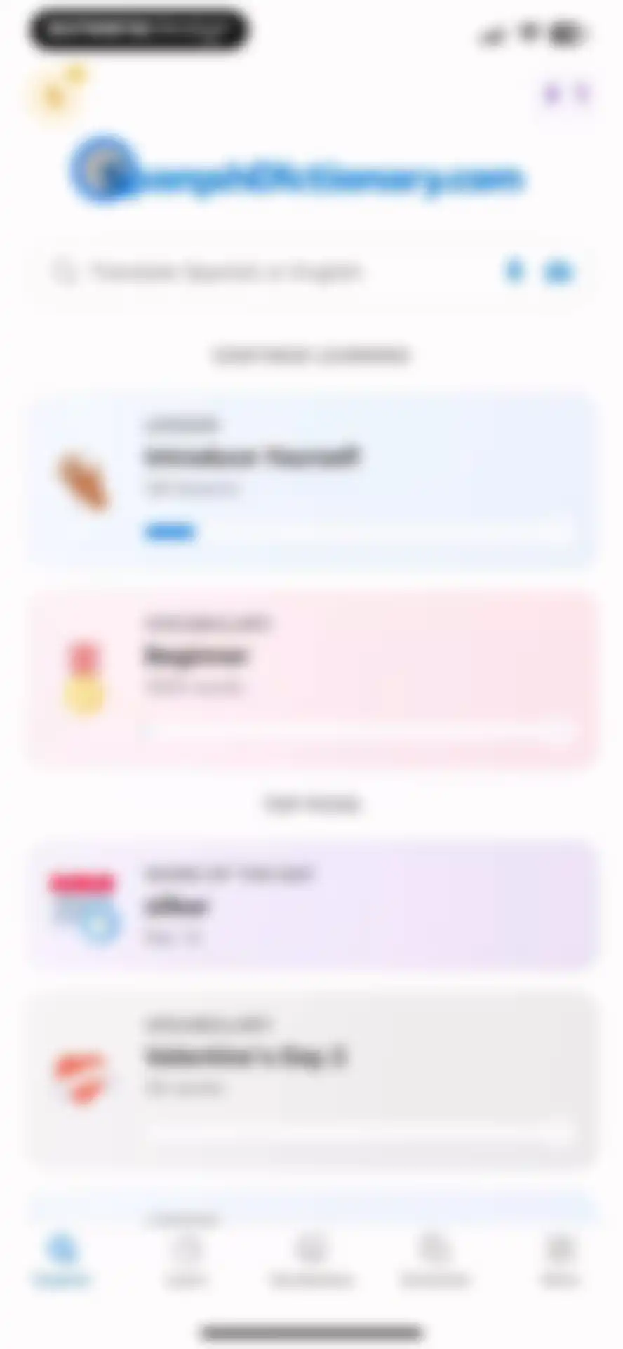 SpanishDictionary.com Learning screen 50
