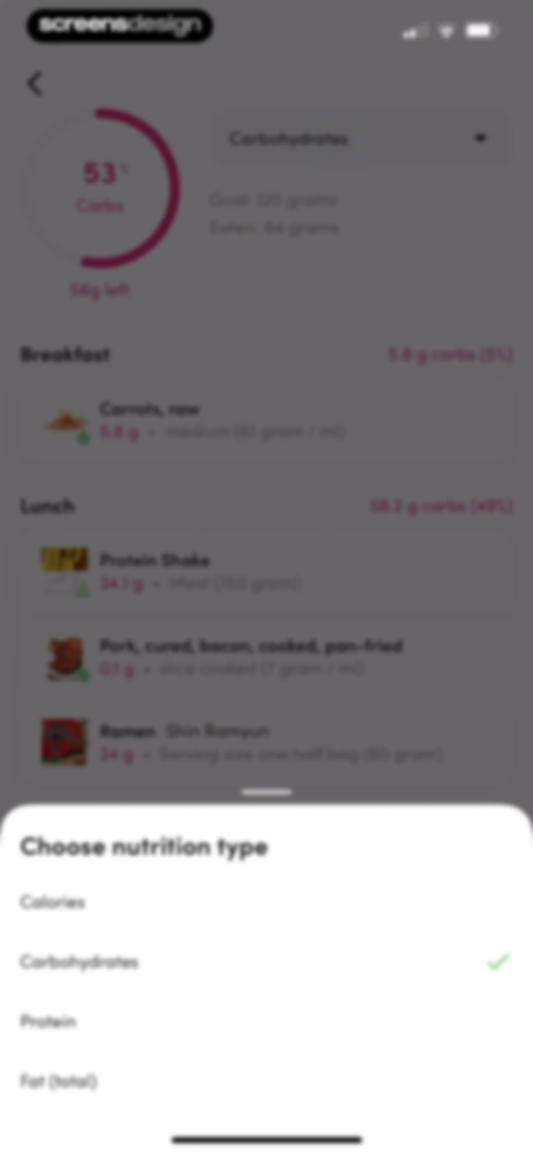 Calories and nutrition tracker screen 68
