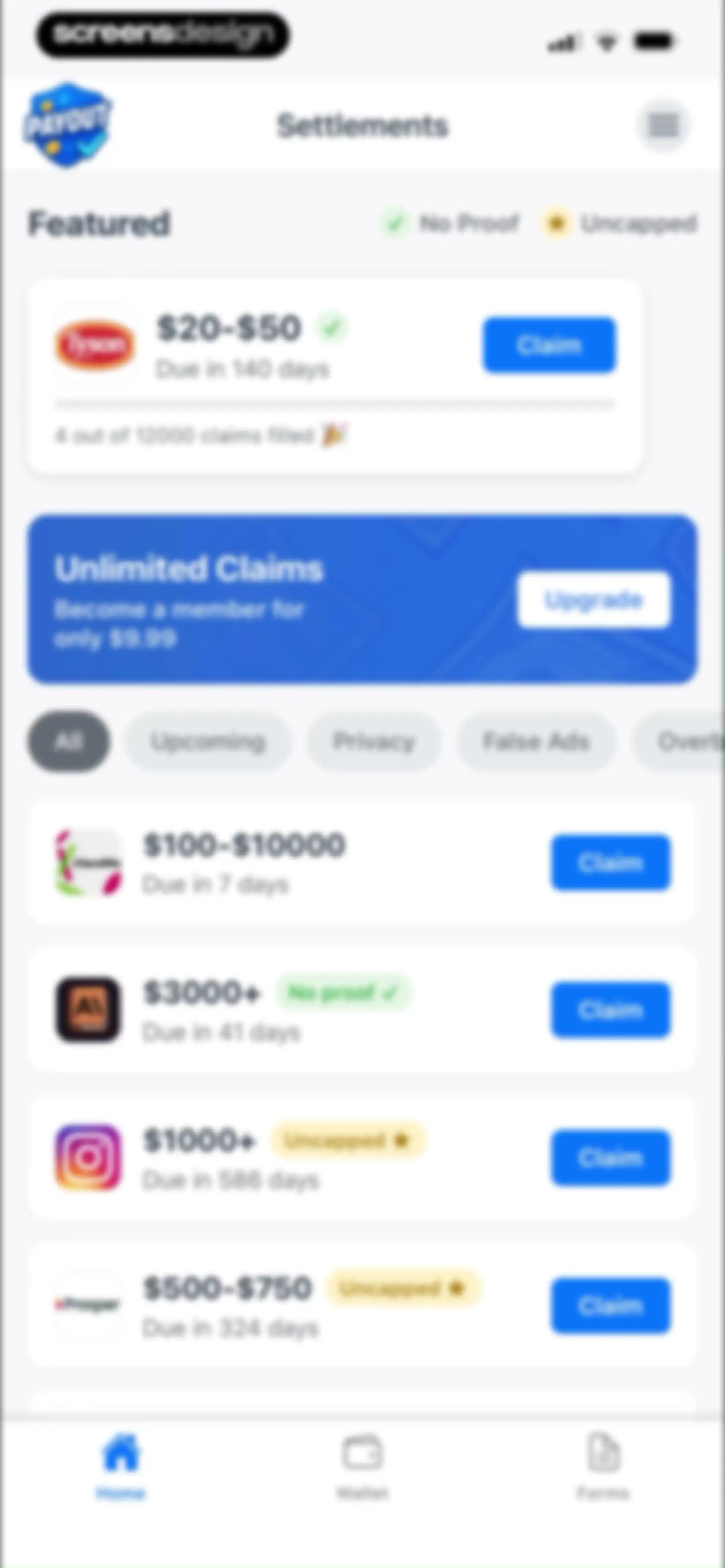 Payout: Claim Class Actions screen 20