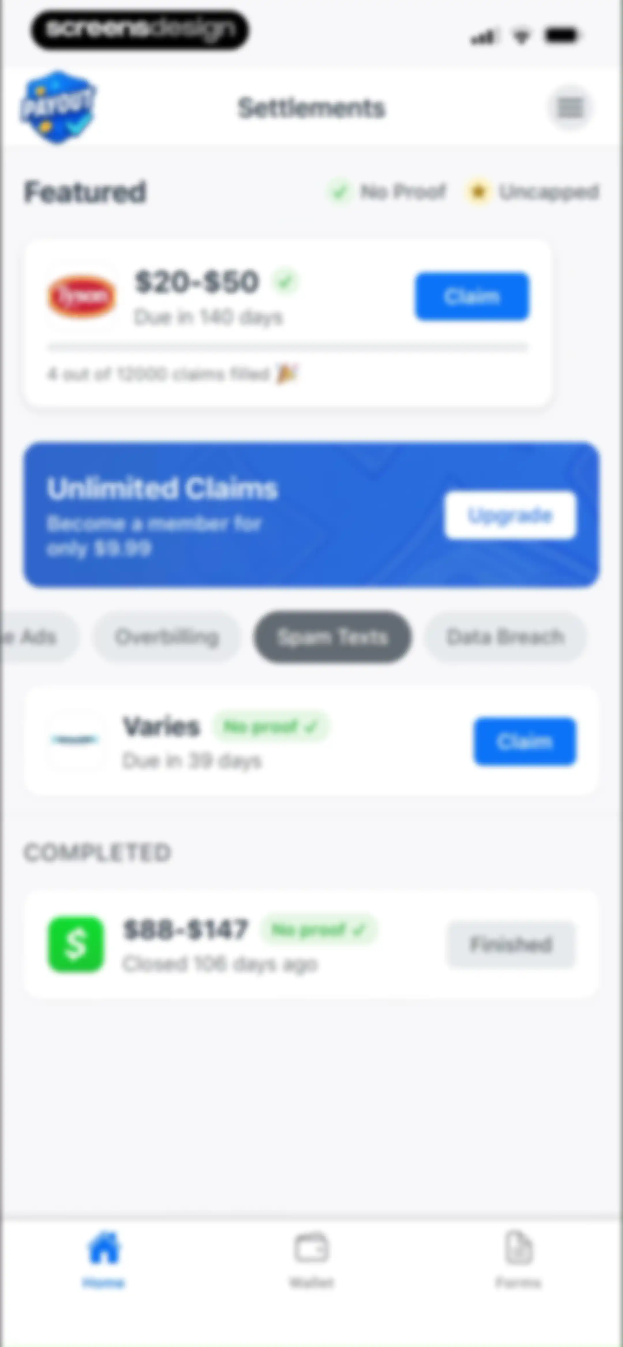 Payout: Claim Class Actions screen 33