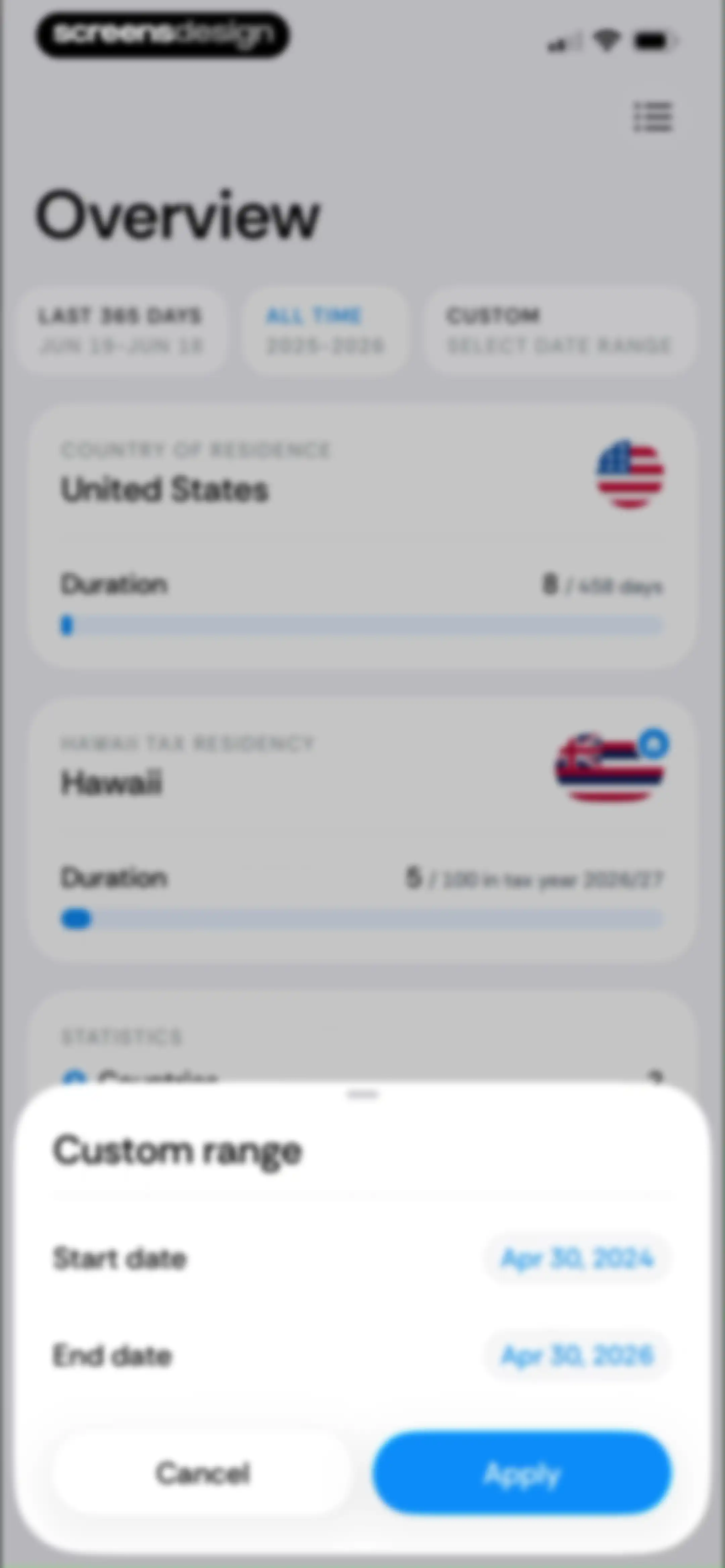 Country Days Tracker: Bounded screen 70