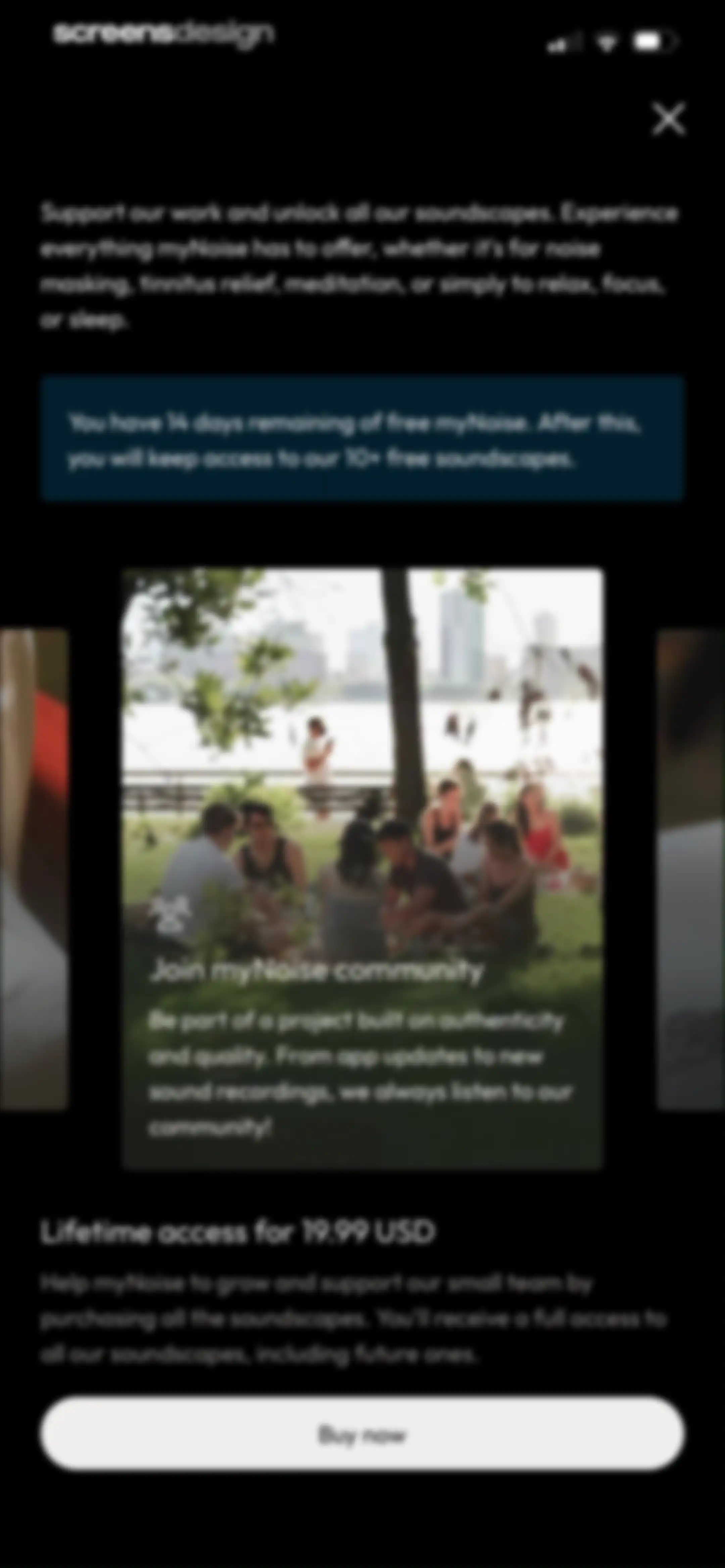 myNoise: Focus · Relax · Sleep screen 30