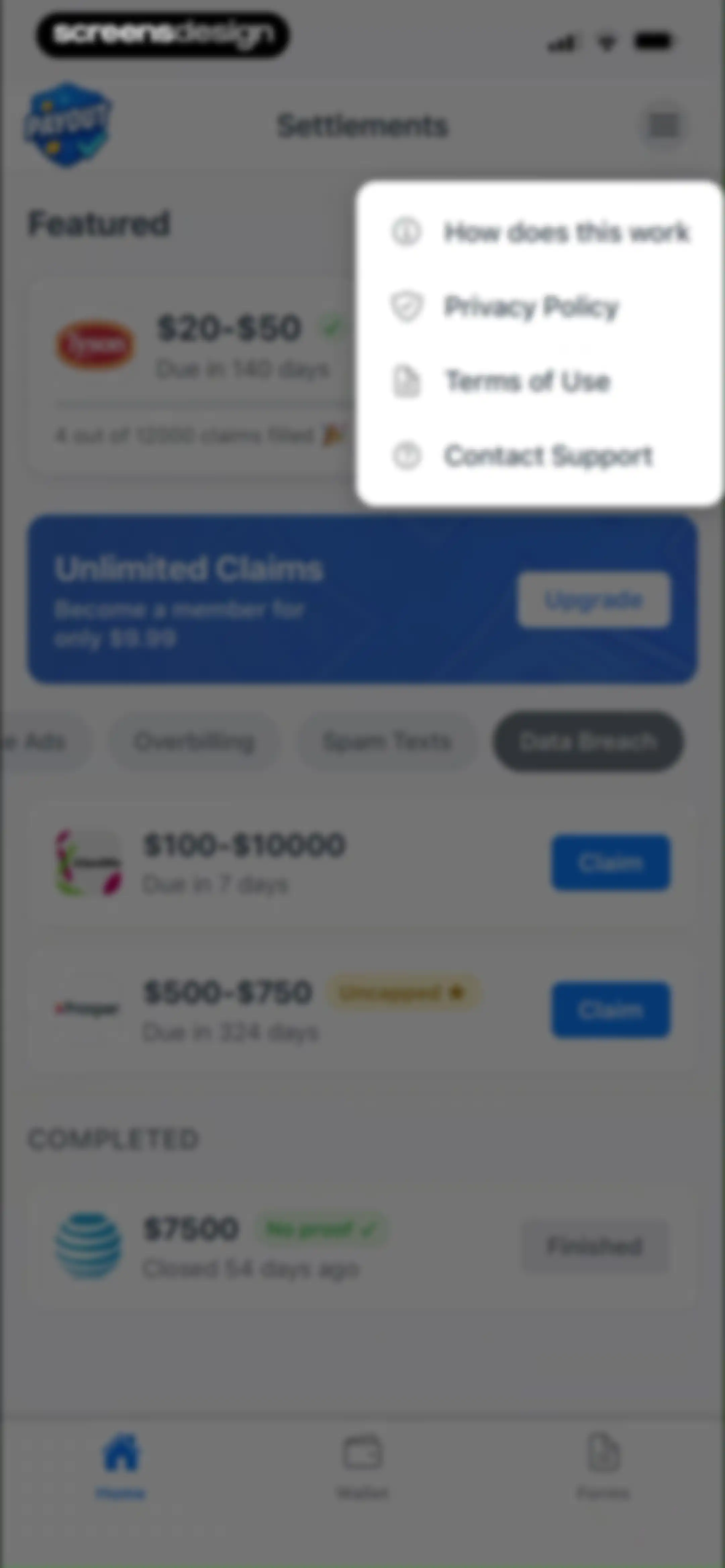 Payout: Claim Class Actions screen 39