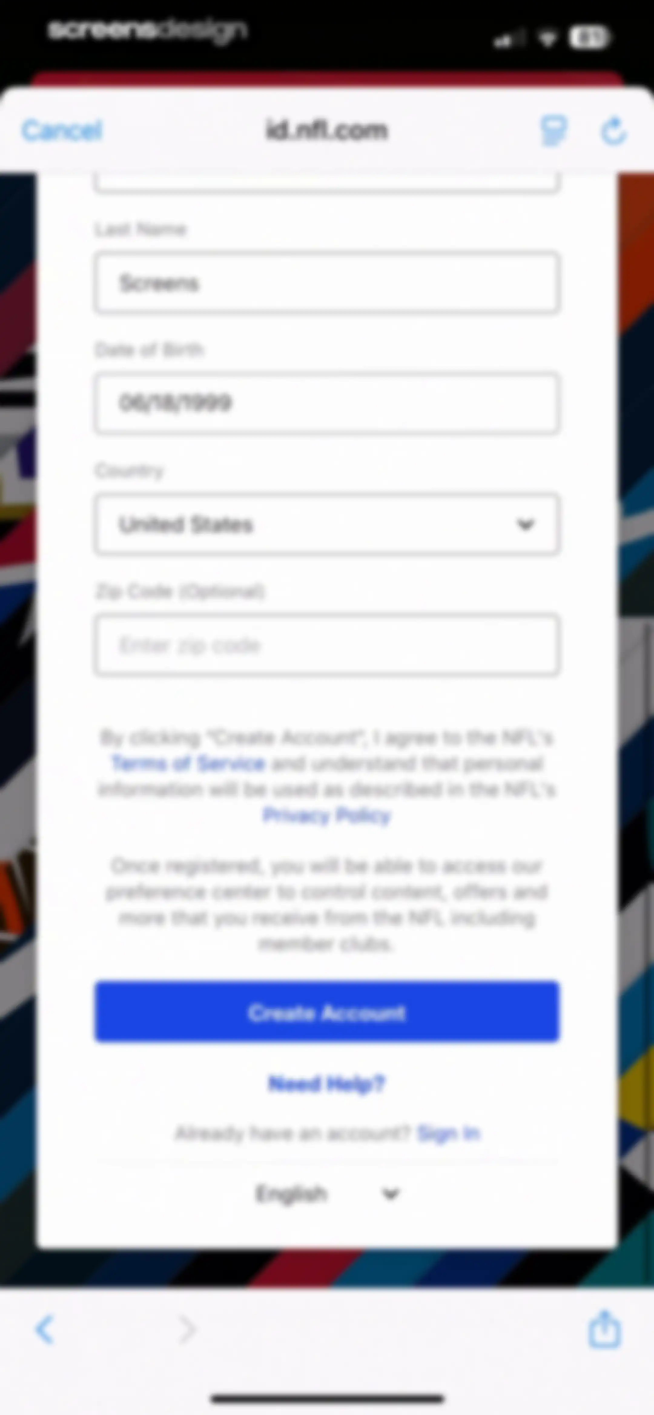 NFL screen 102