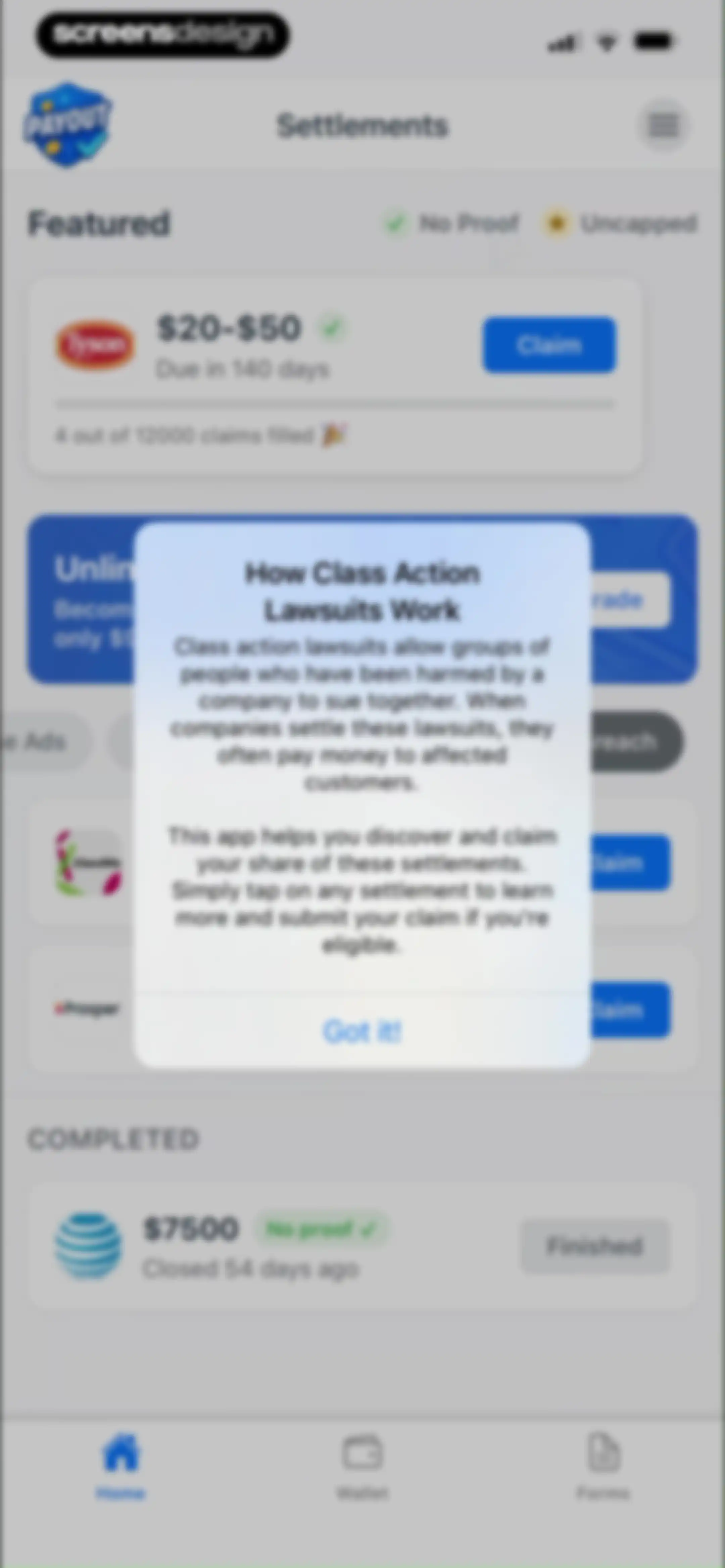 Payout: Claim Class Actions screen 40