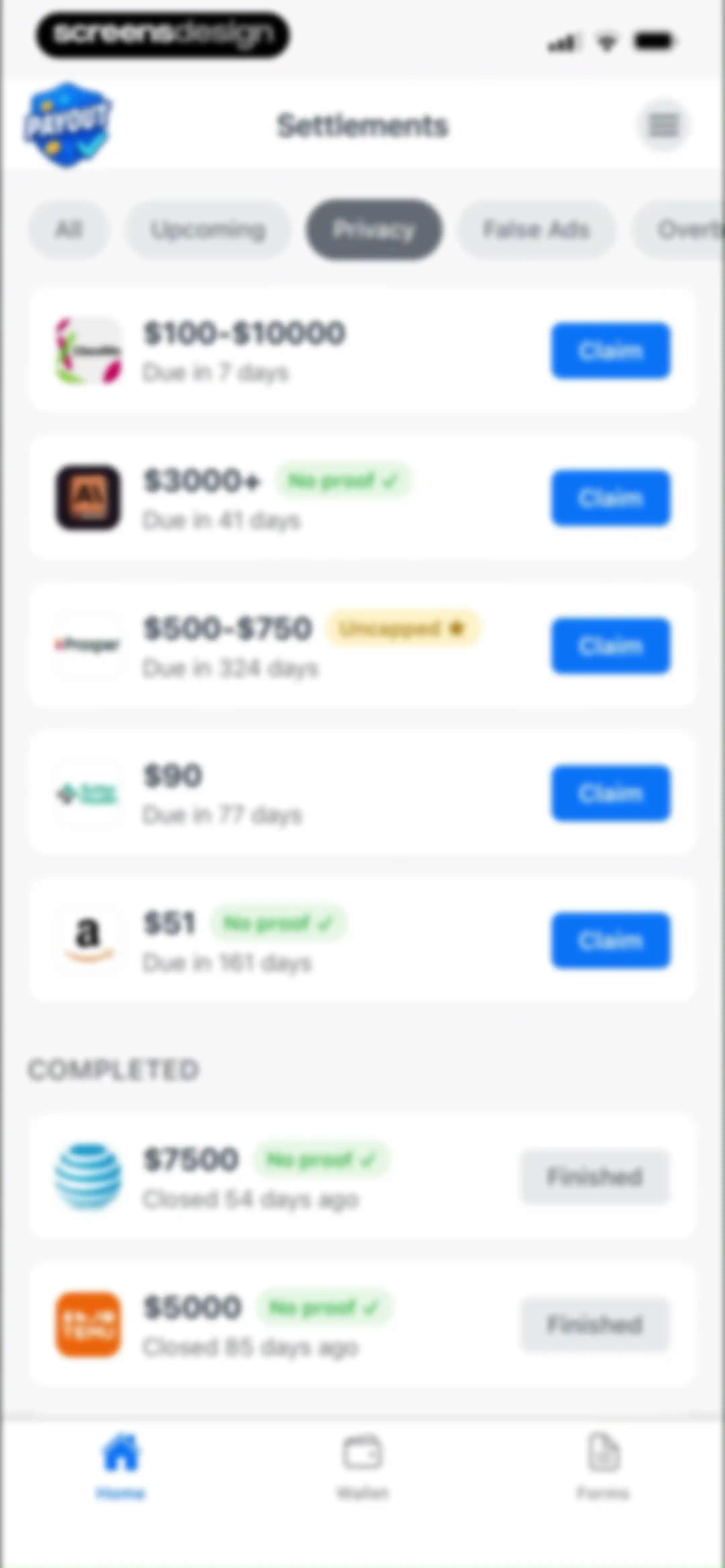 Payout: Claim Class Actions screen 30