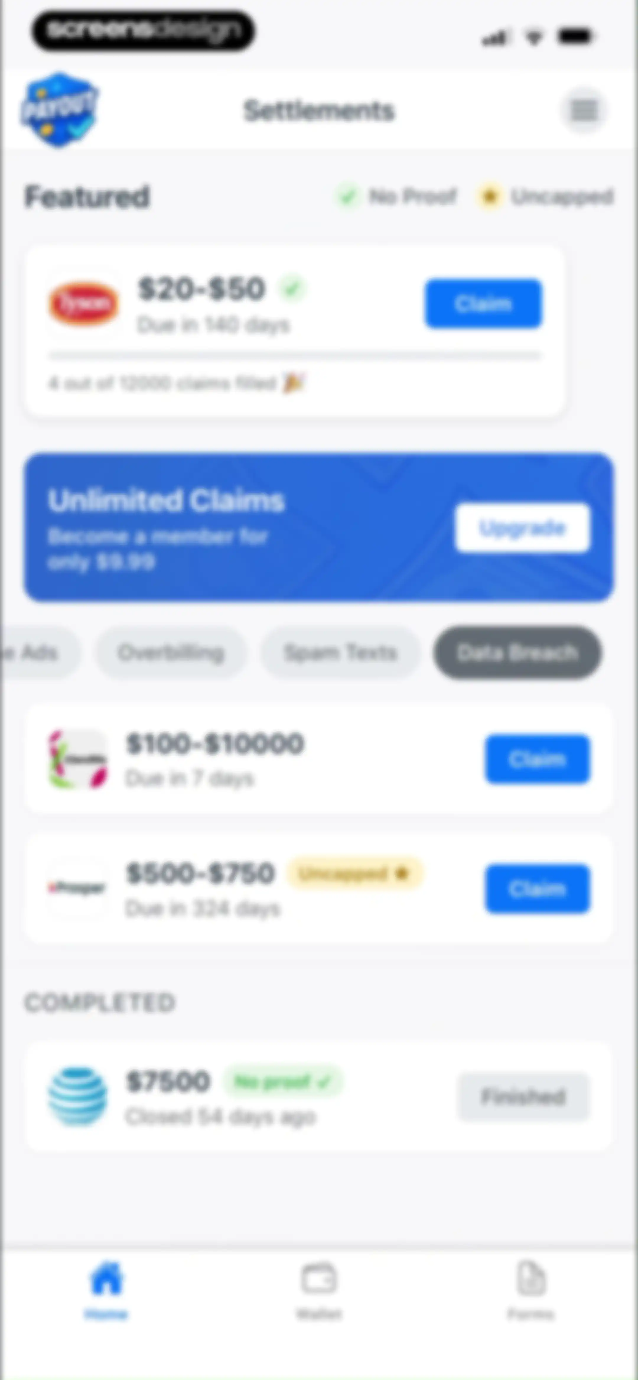 Payout: Claim Class Actions screen 34