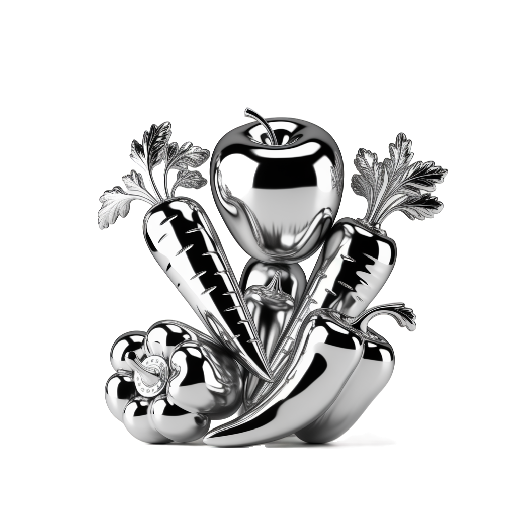 3D liquid metal chrome apple and vegetables abstract sculpture, minimalist silver, white background