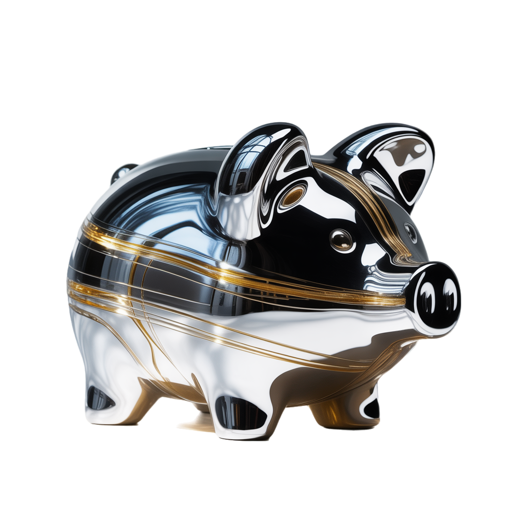 3D liquid metal chrome piggy bank abstract shape, minimalist silver and gold, white background