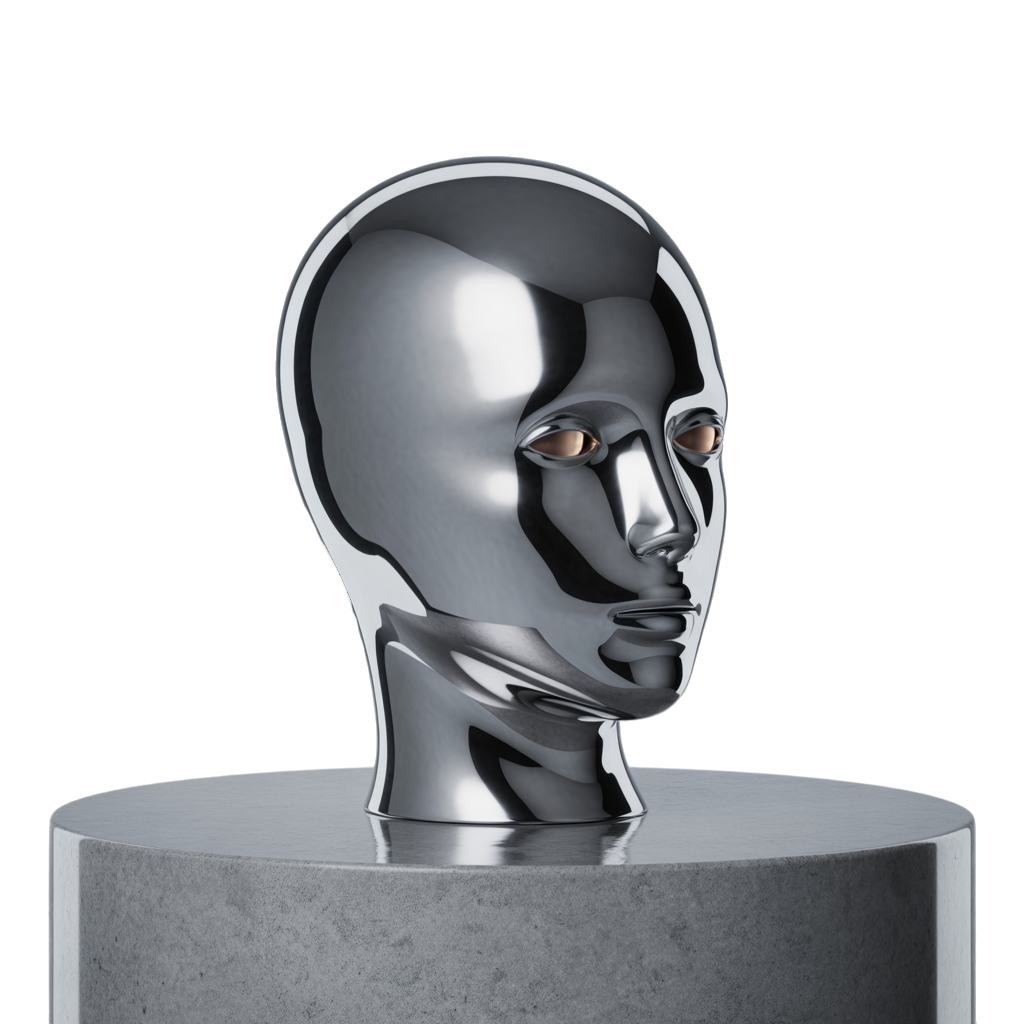 3D liquid metal robot head, minimalist silver