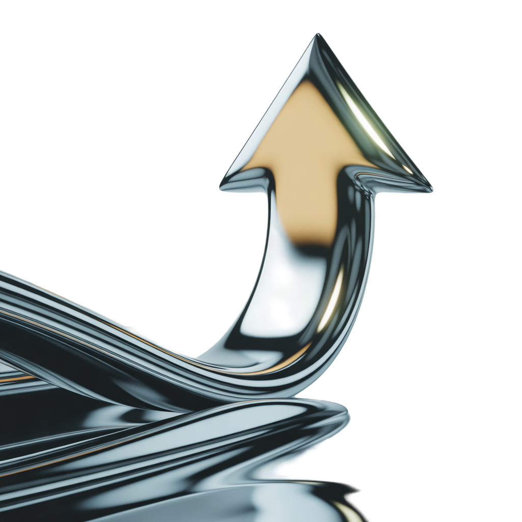 3D liquid metal chrome upward arrow rocket abstract, minimalist silver and gold, white background